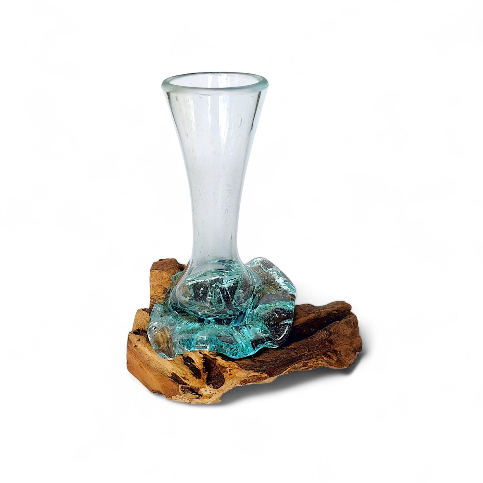 25cm ST9 Hand Made Recycled Glass Teak Wood Vase