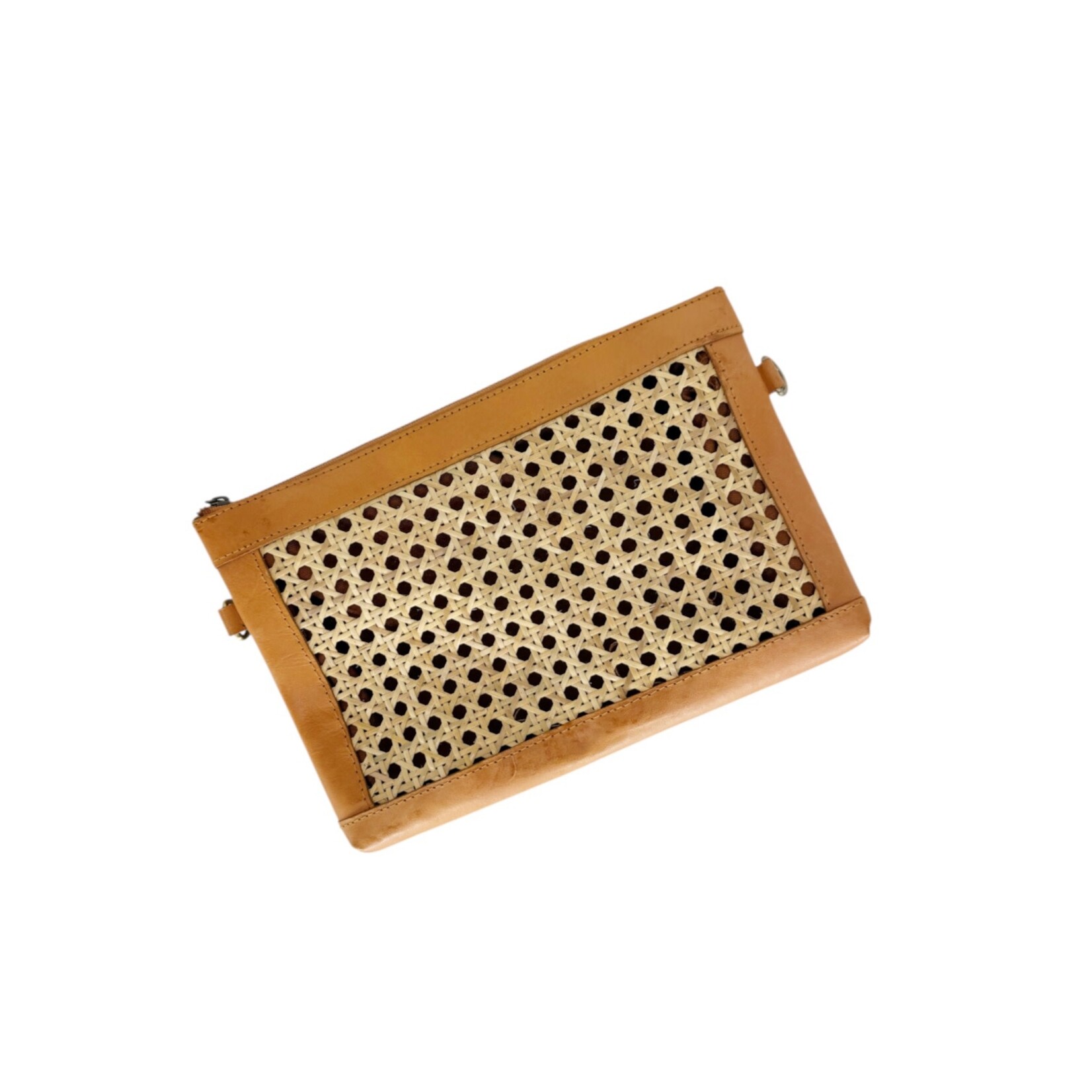 Hand Woven Cane Rattan Bag with Leather Trim  Crossbody Zipper Clutch