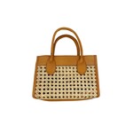Hand Woven Cane Rattan Bag with Leather Trim  Handbag