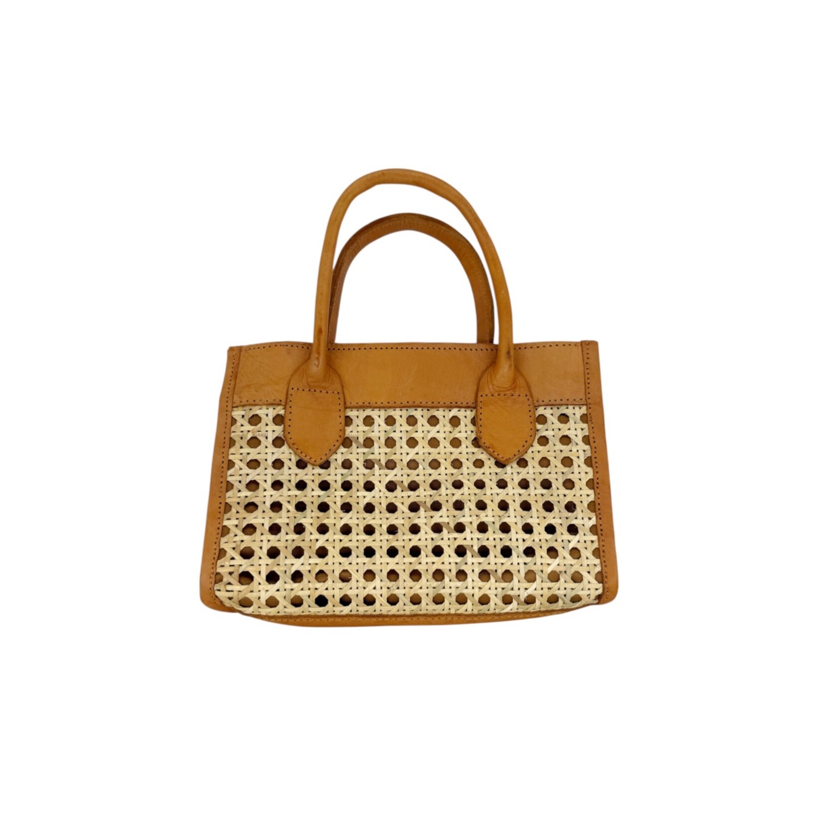 Hand Woven Cane Rattan Bag with Leather Trim  Handbag