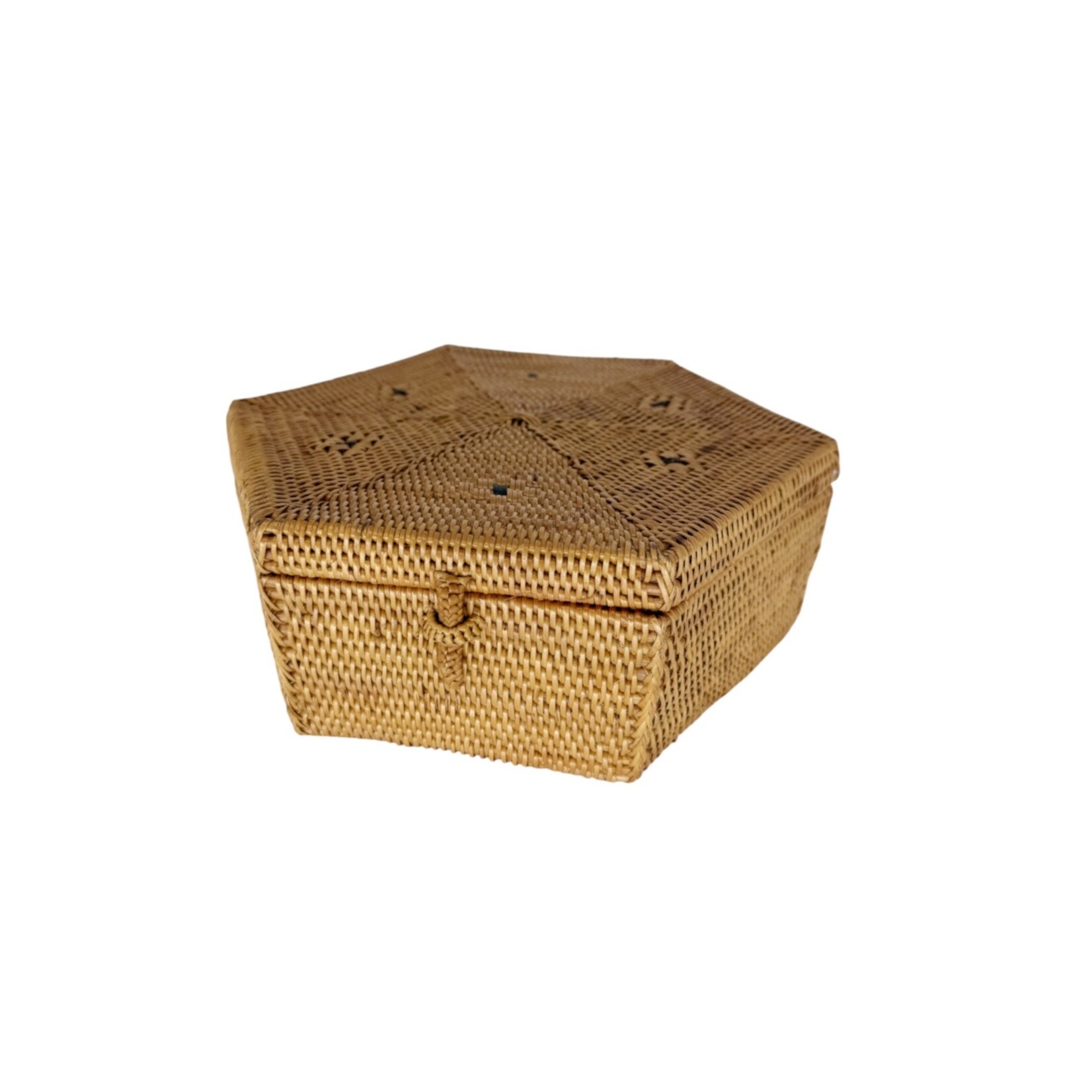 Hand Woven Ata Basket #105a Hexagon Box with Loop Latch Lid