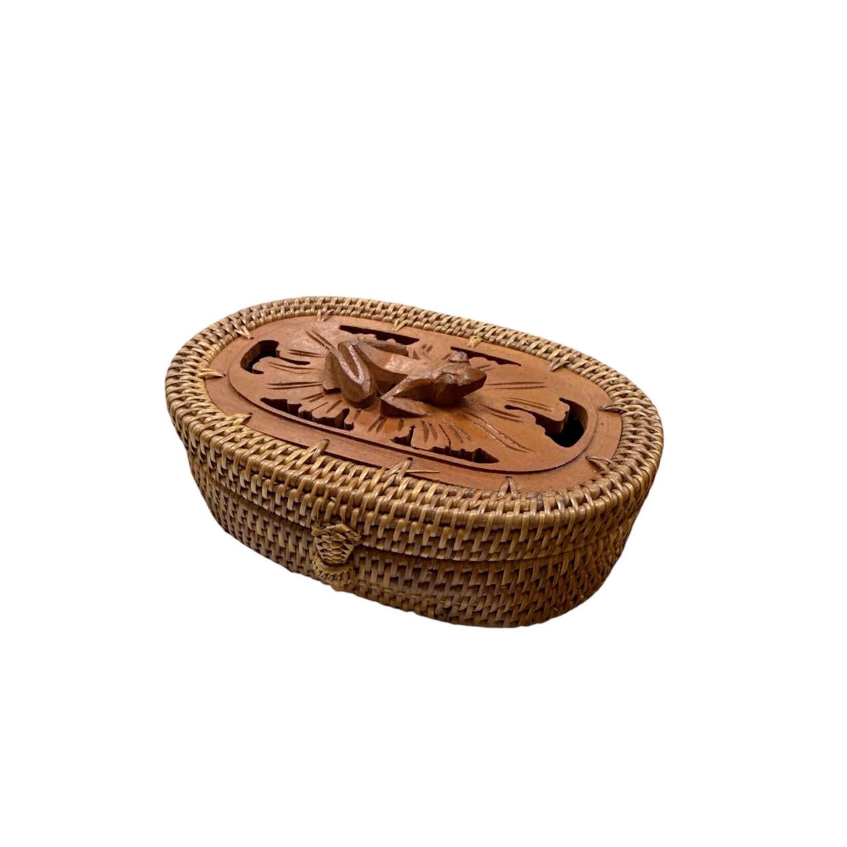 Hand Woven Ata Basket #190 Carved Top Oval Box Frog