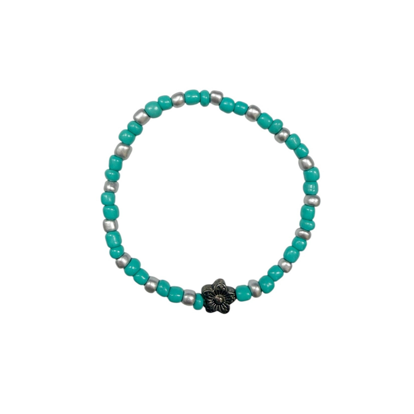 Pack of 5 Stretchy Beaded Bracelets for Tweens - Aqua Silver and Flower