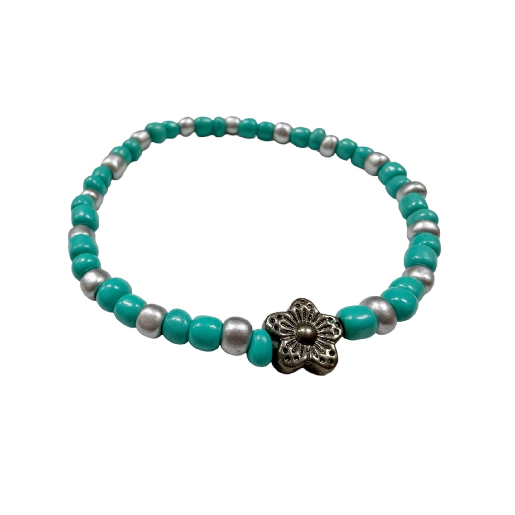 Pack of 5 Stretchy Beaded Bracelets for Tweens - Aqua Silver and Flower