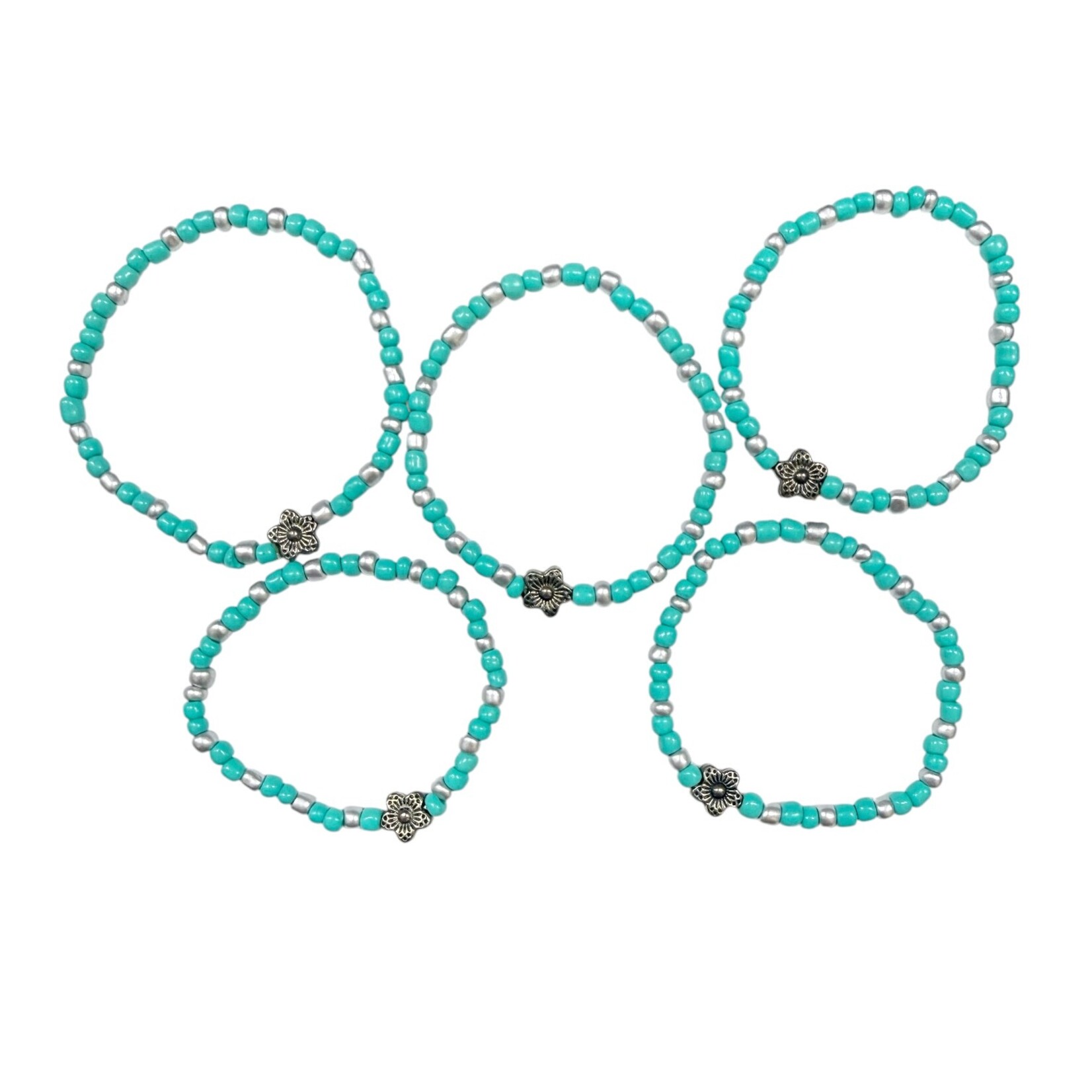 Pack of 5 Stretchy Beaded Bracelets for Tweens - Aqua Silver and Flower