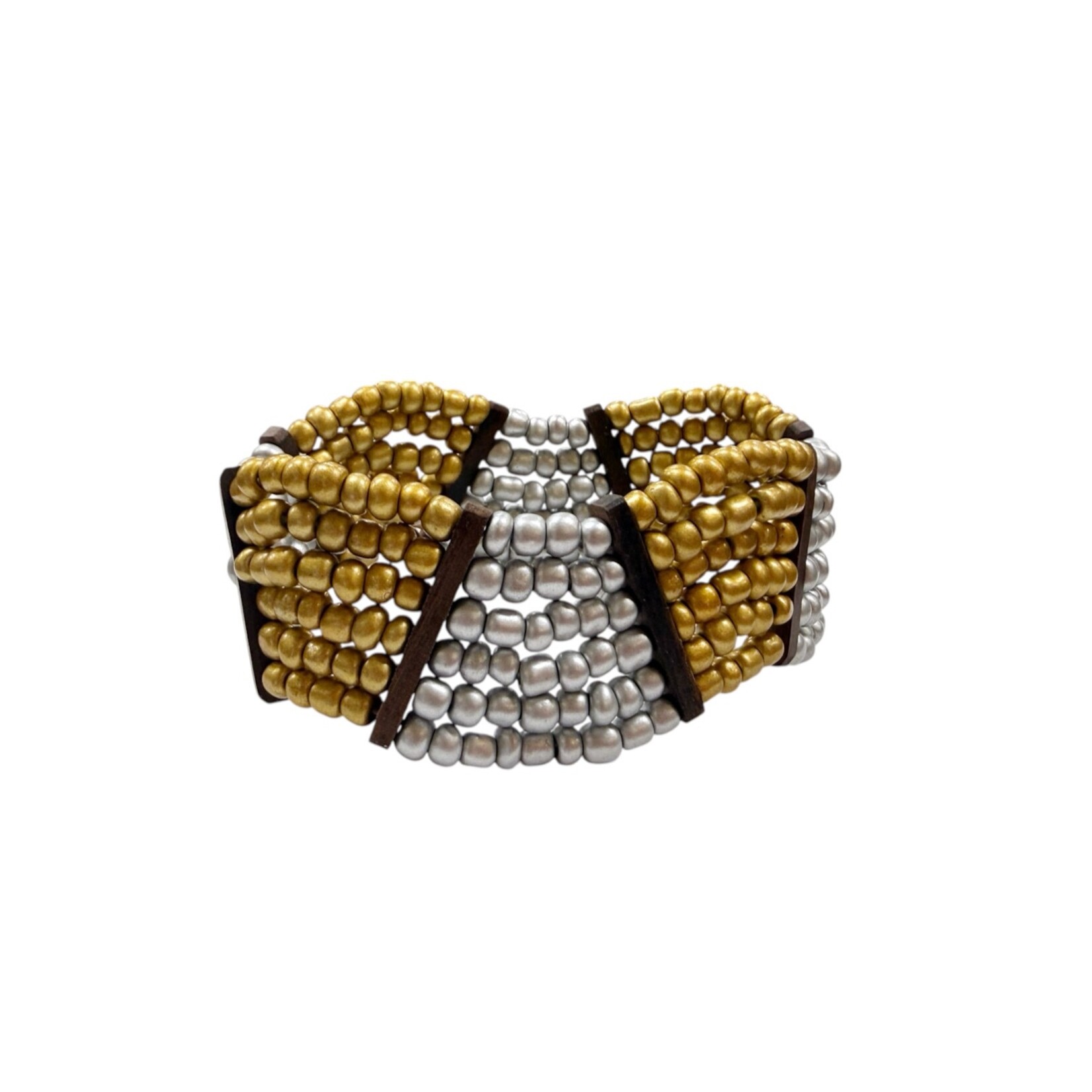 Beaded Stretch Bracelet with Wood Accents Gold and Silver