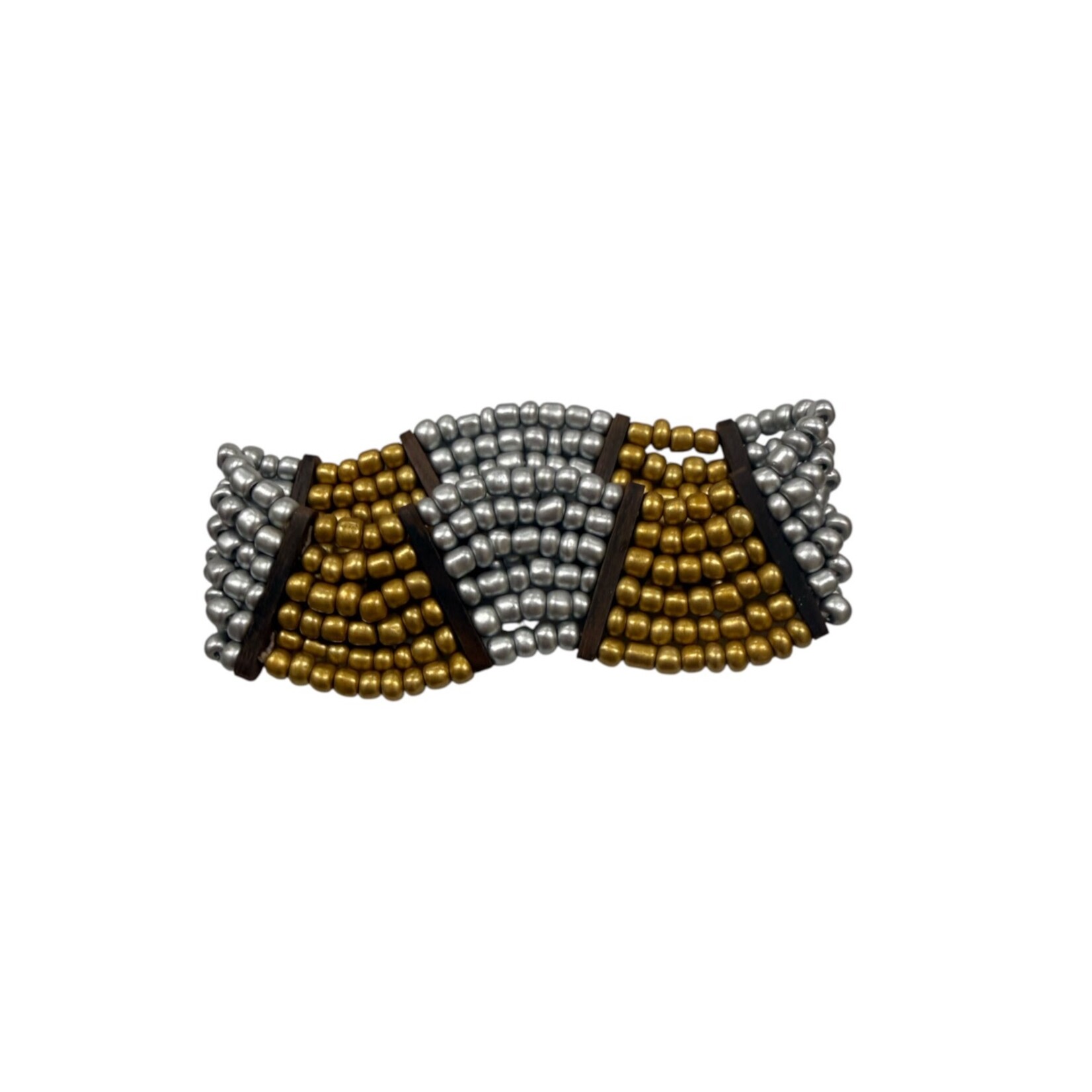 Beaded Stretch Bracelet with Wood Accents Gold and Silver