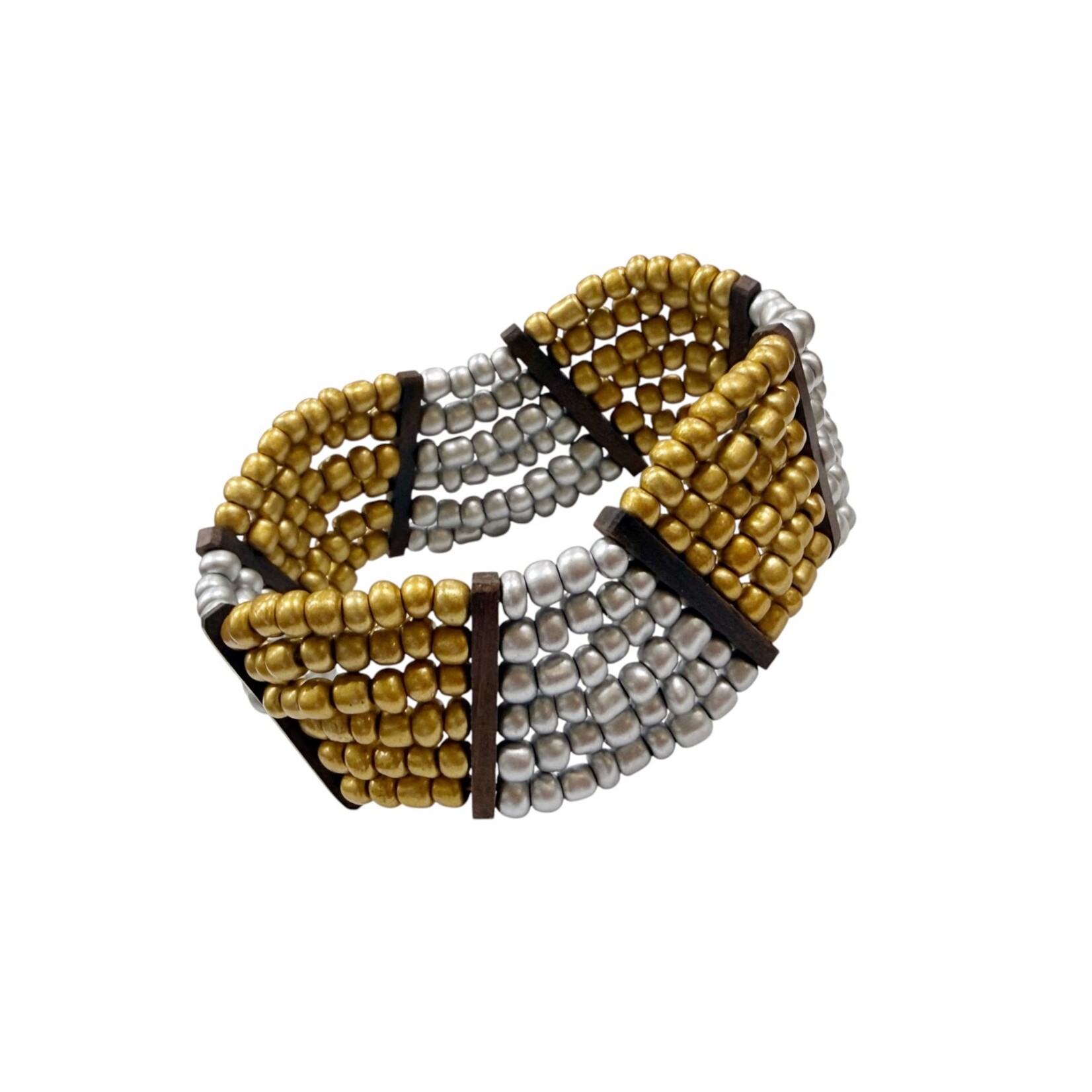 Beaded Stretch Bracelet with Wood Accents Gold and Silver