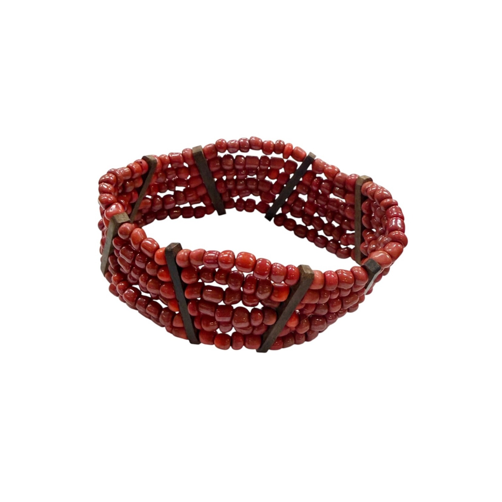 Beaded Stretch Bracelet with Wood Accents Red