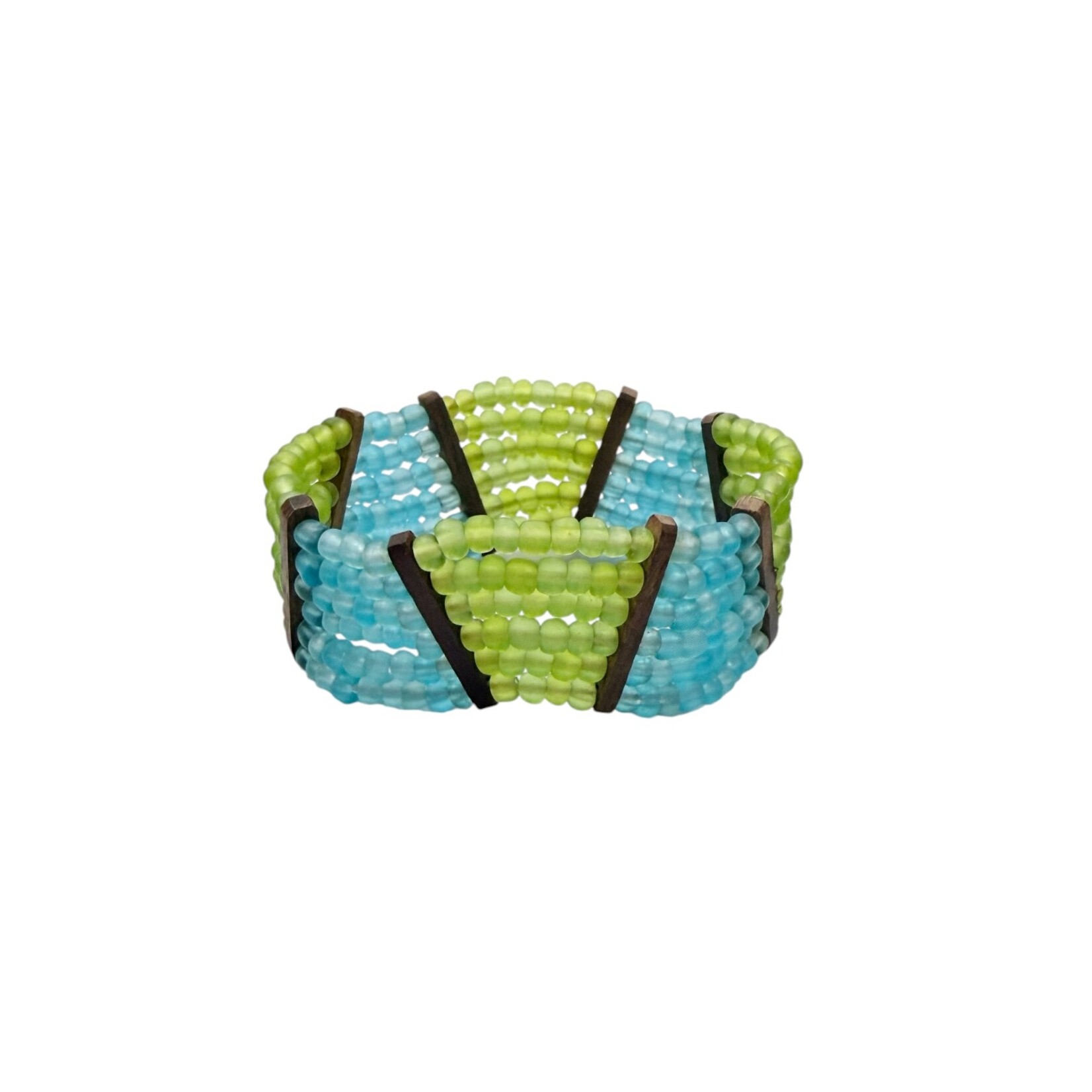 Beaded Stretch Bracelet with Wood Accents Green and Blue