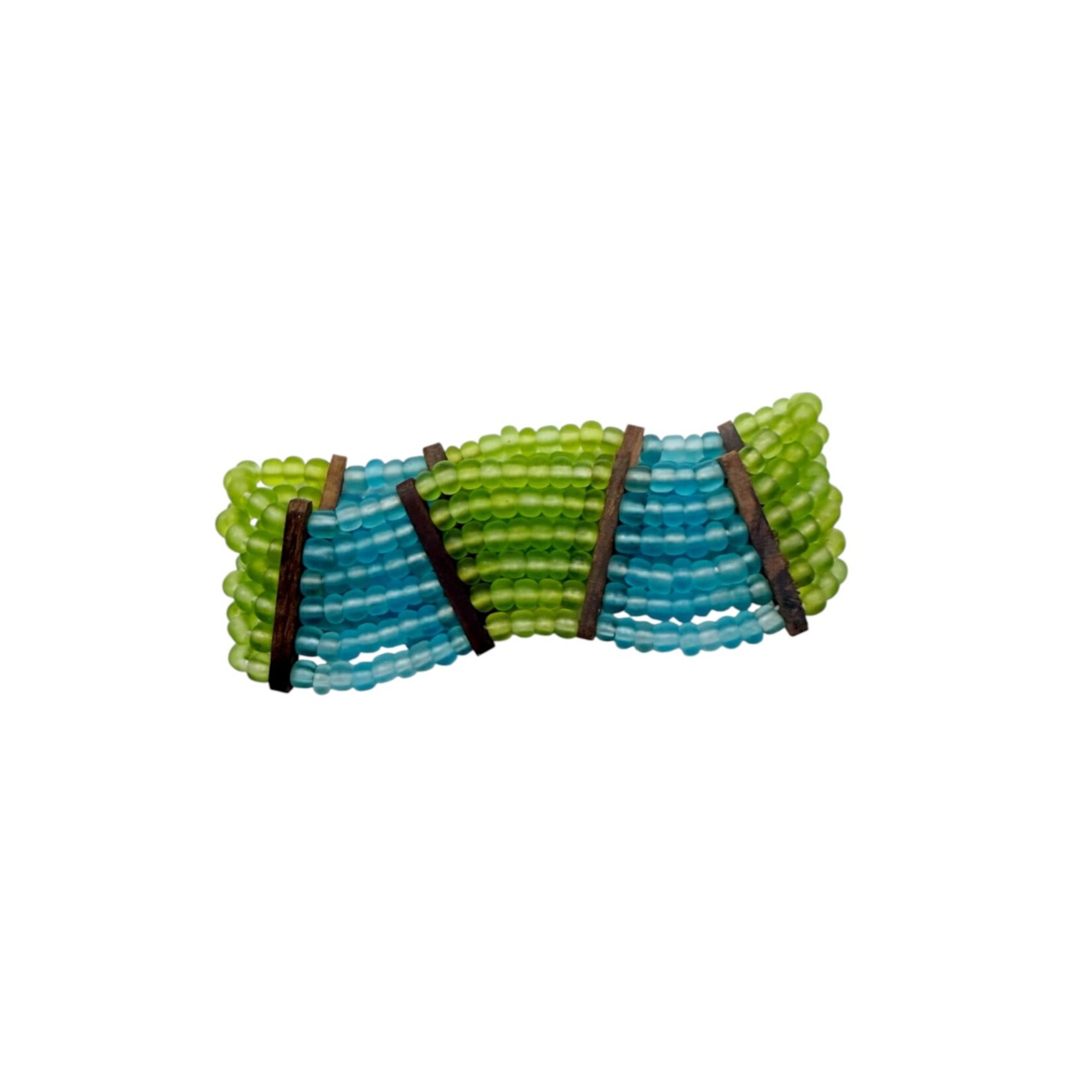 Beaded Stretch Bracelet with Wood Accents Green and Blue