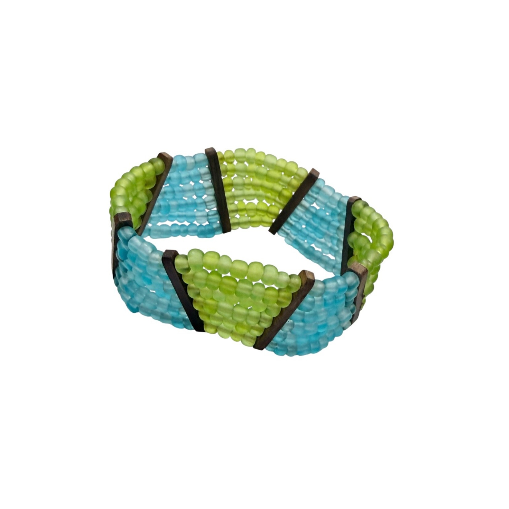 Beaded Stretch Bracelet with Wood Accents Green and Blue