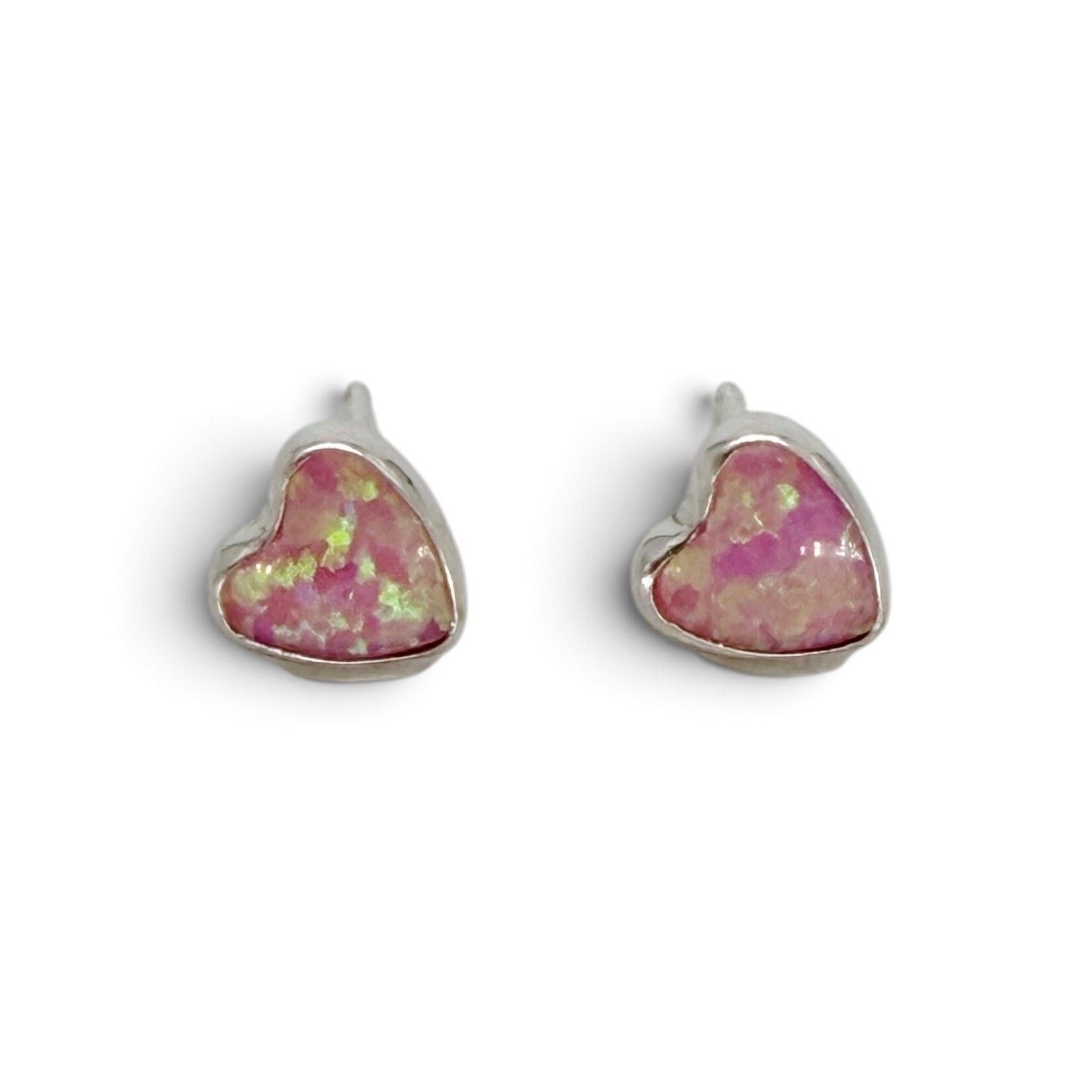 SE242 Sterling Silver Synthetic Pink Opal Heart Stud Earrings