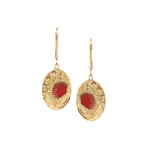 14K Yellow Gold Oval ʻŌhia Lehua Earrings with Red Glass Enamel