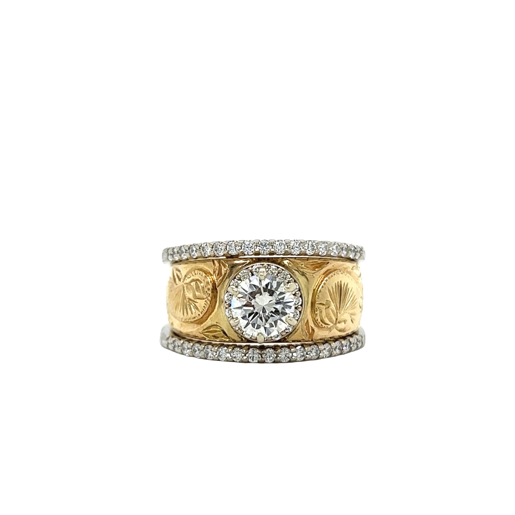 14K Two-tone Tapered Diamond Solitaire Ring with Diamond Borders