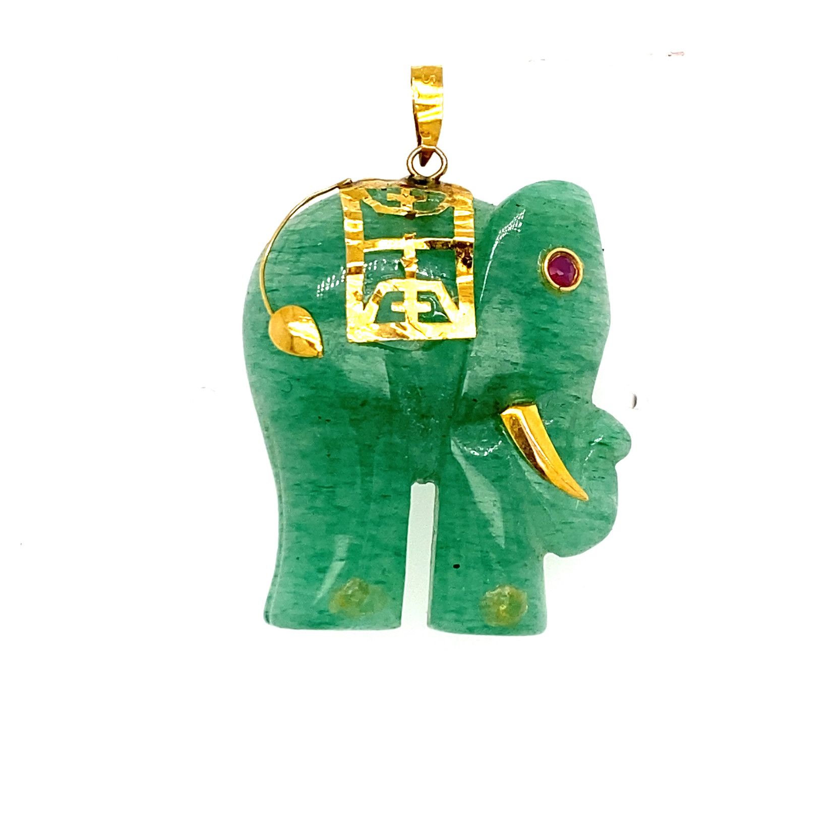 14k Yellow Gold Treated Green Jade Elephant Pendant
