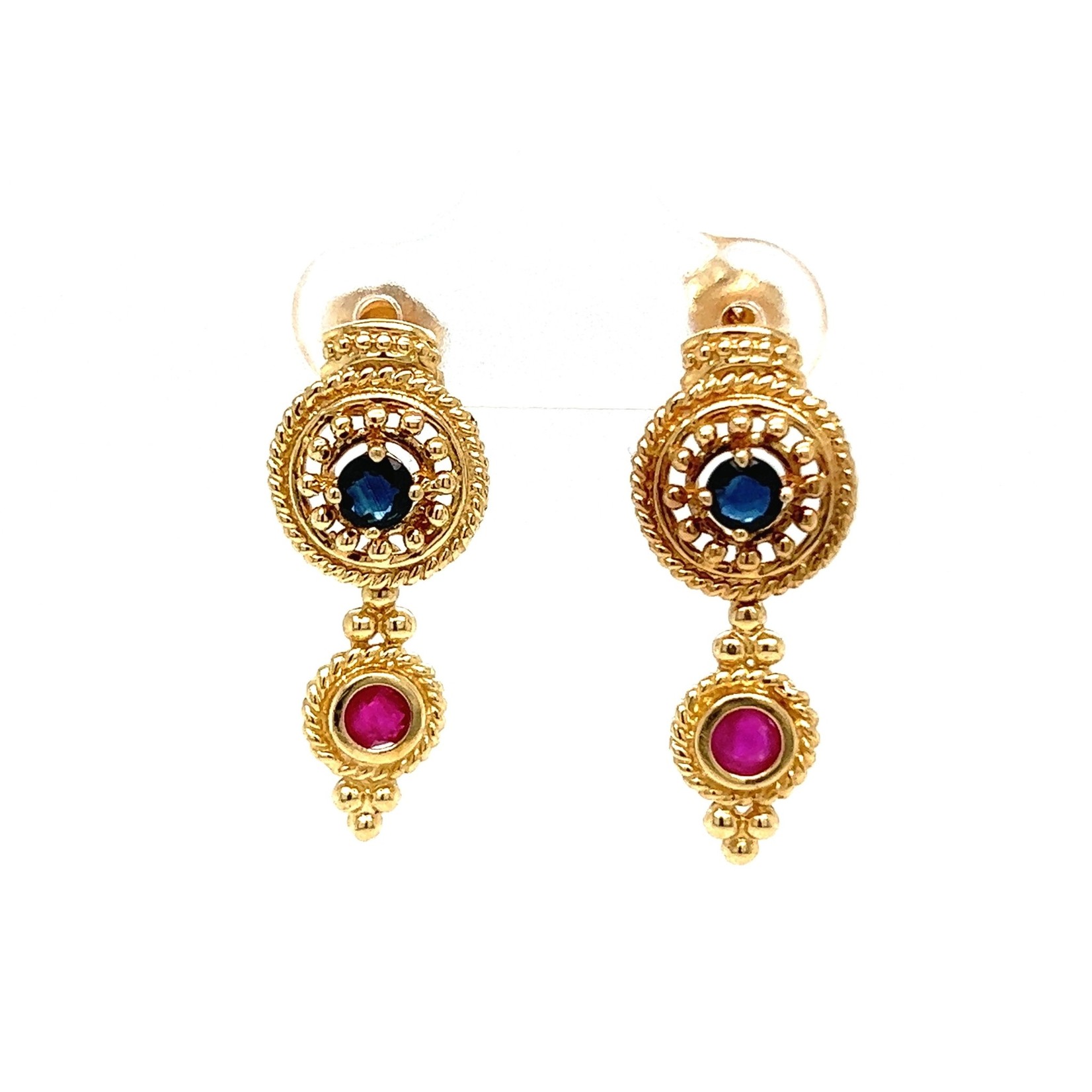 14k Yellow Gold Ruby & Sapphire Dangle Earrings