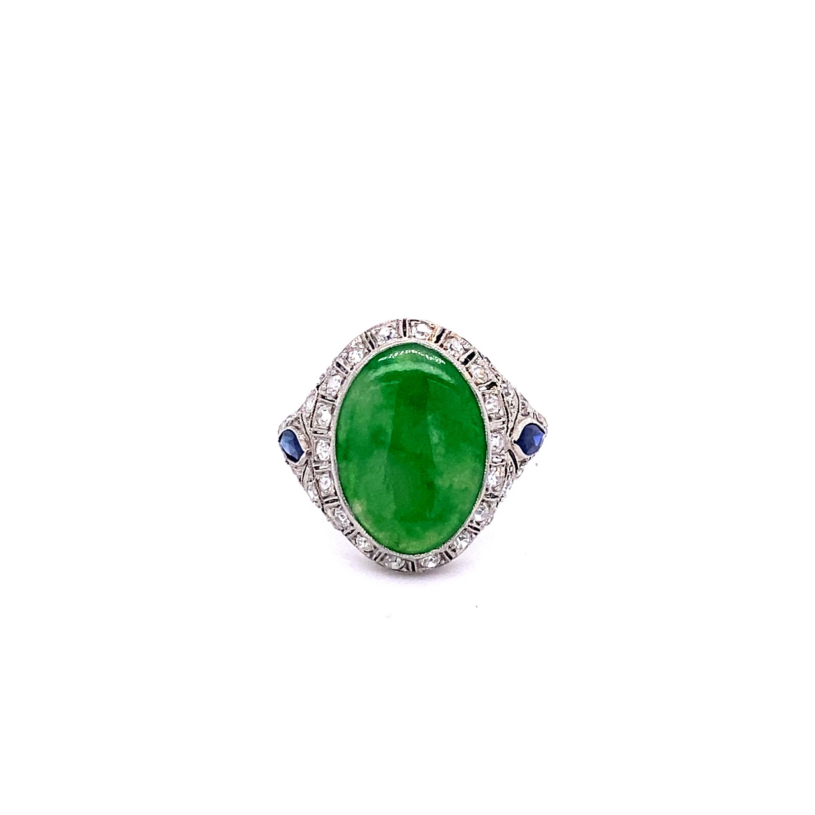Platinum Jade, Diamond, & Sapphire Ring Size 5.75