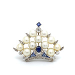 14k White Gold Sapphire, Diamond & Pearl Crown Brooch