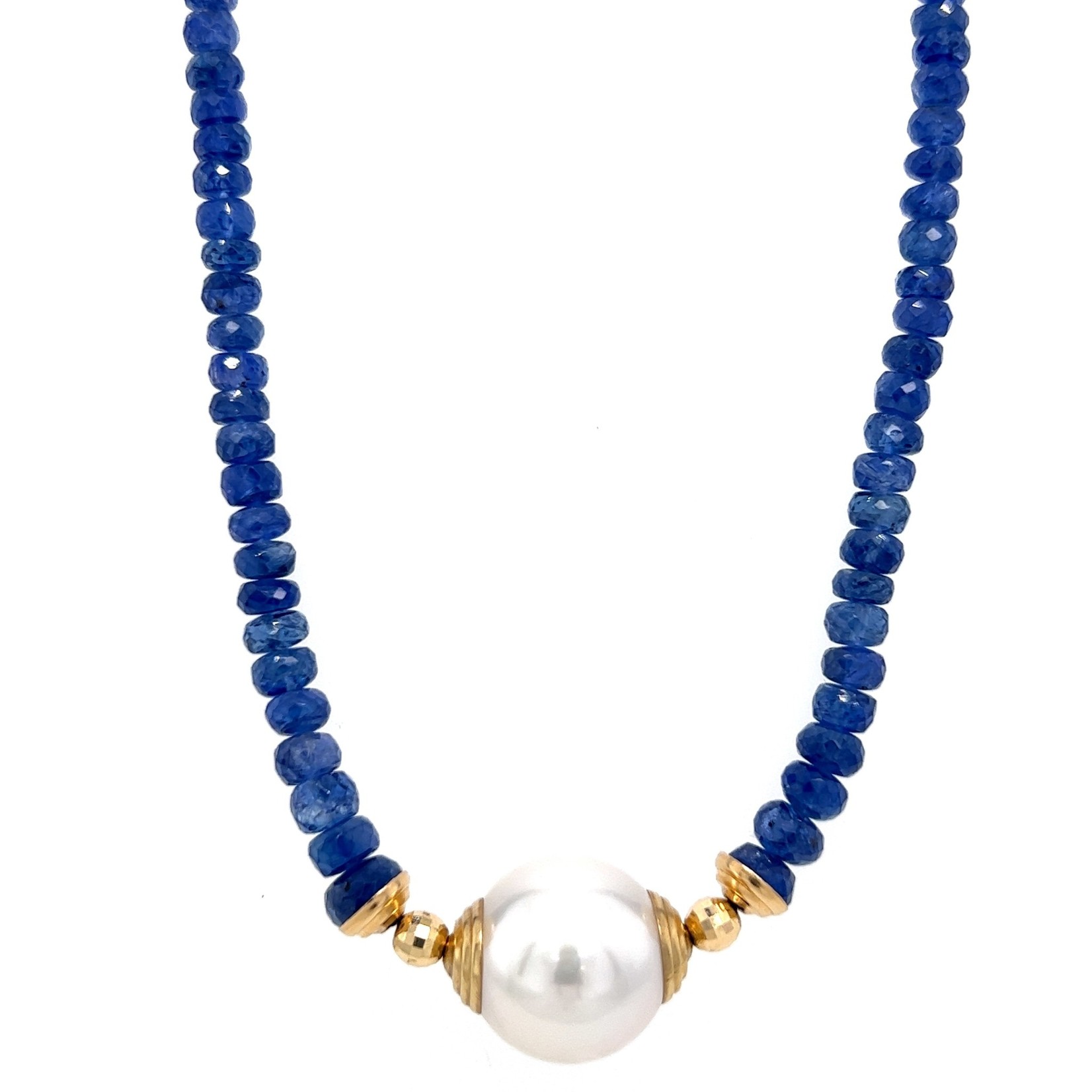 14K Yellow Gold 17" Graduated Cornflower Blue Sapphire with 15mm White South Sea Pearl Necklace