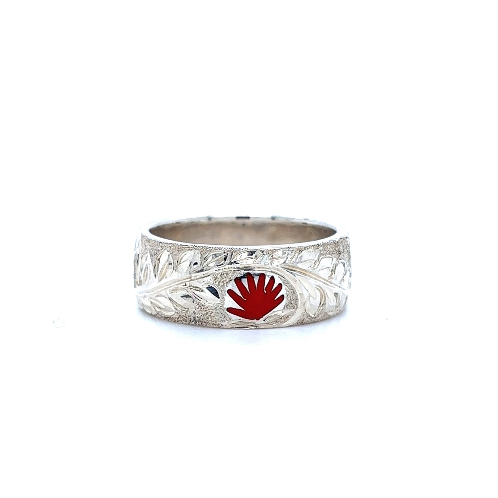 Ohia Lehua Sterling Silver 8mm ʻŌhia Lehua with Red Glass Enamel Ring
