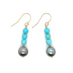 14k Yellow Gold Turquoise with Tahitian Pearl dangles