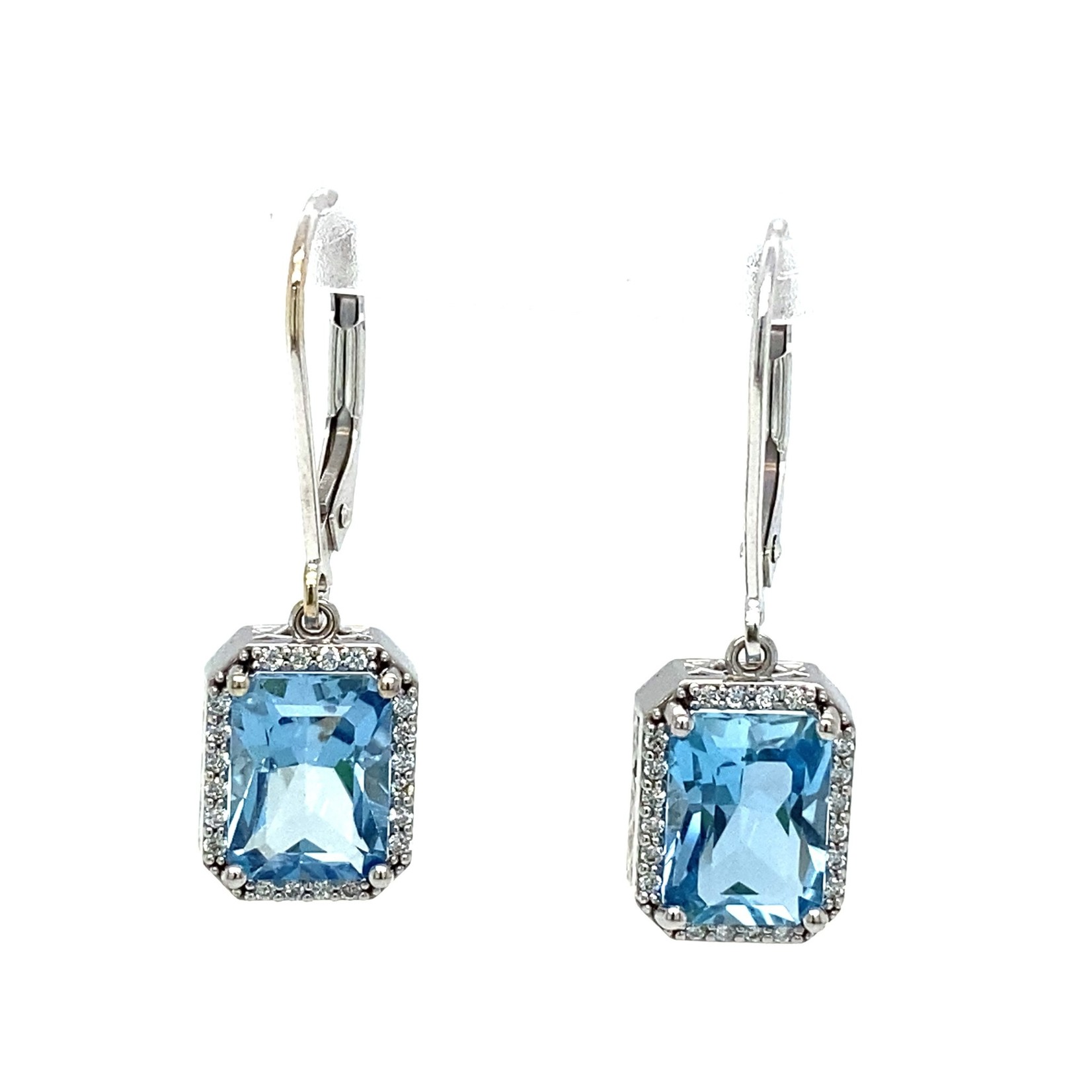 14k White Gold 8X6 Aquamarine with Diamond Halo Dangles D.10cttw