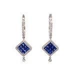 14K White Gold Square Sapphire and Diamond earrings on Diamond Leaver Backs