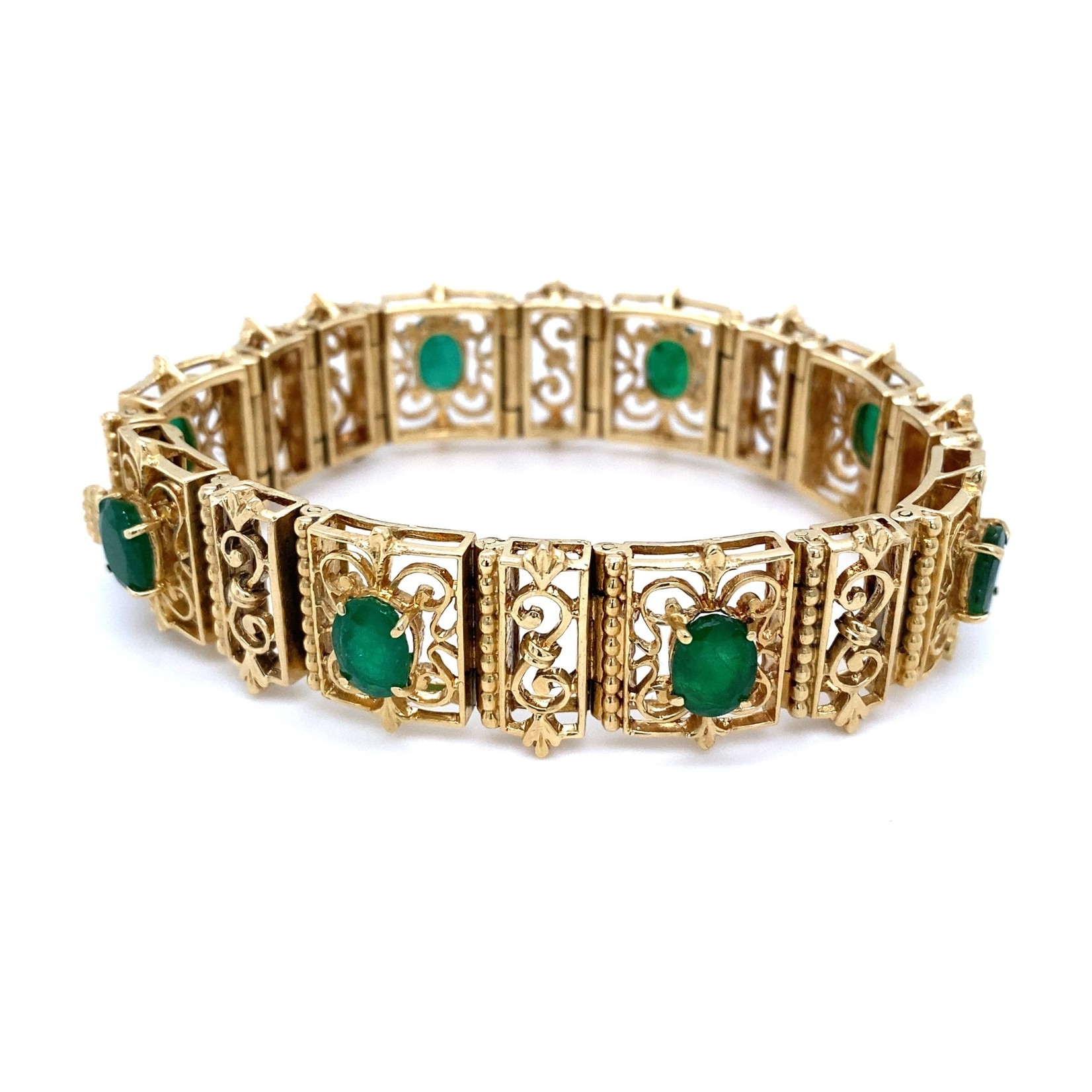 14k Yellow Gold Filigree Emerald Bracelet 8cttw | 7"