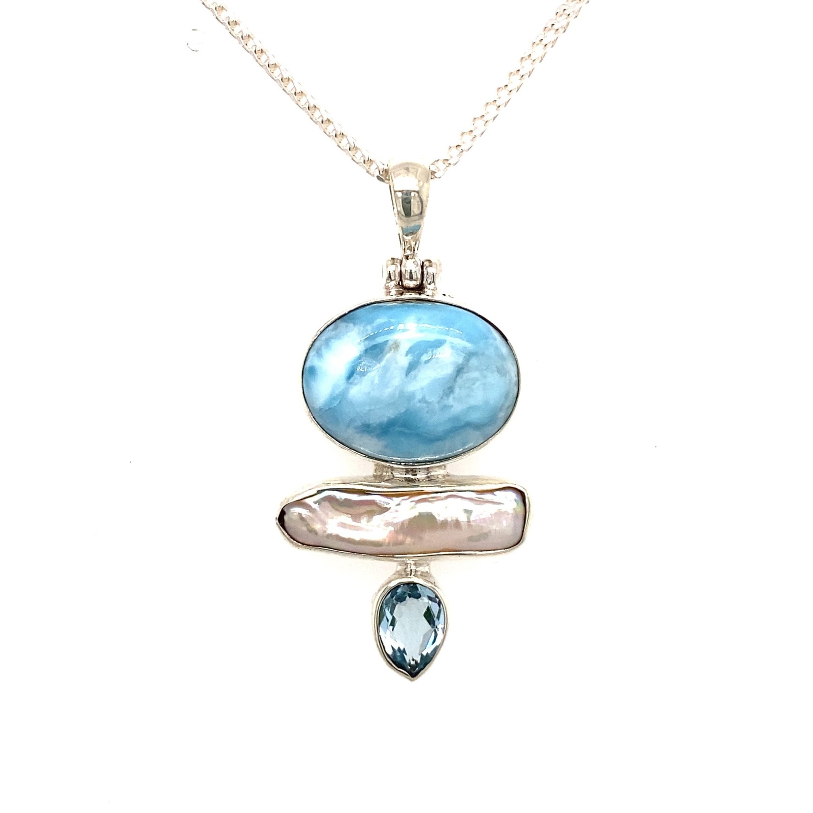 Sterling Silver Larimar, Pearl, & Blue Topaz Pendant