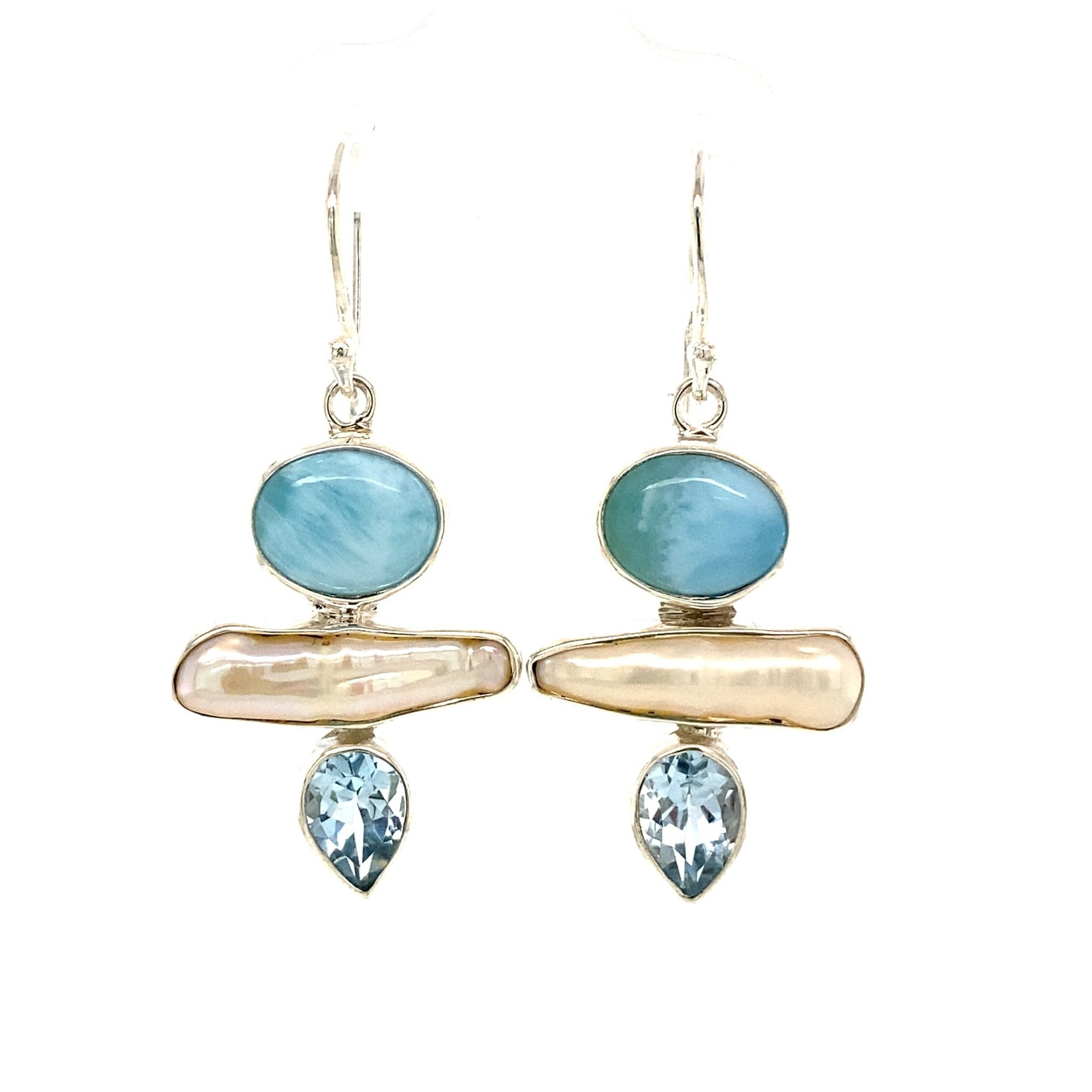 Sterling Silver Larimar, Pearl, & Blue Topaz Earrings