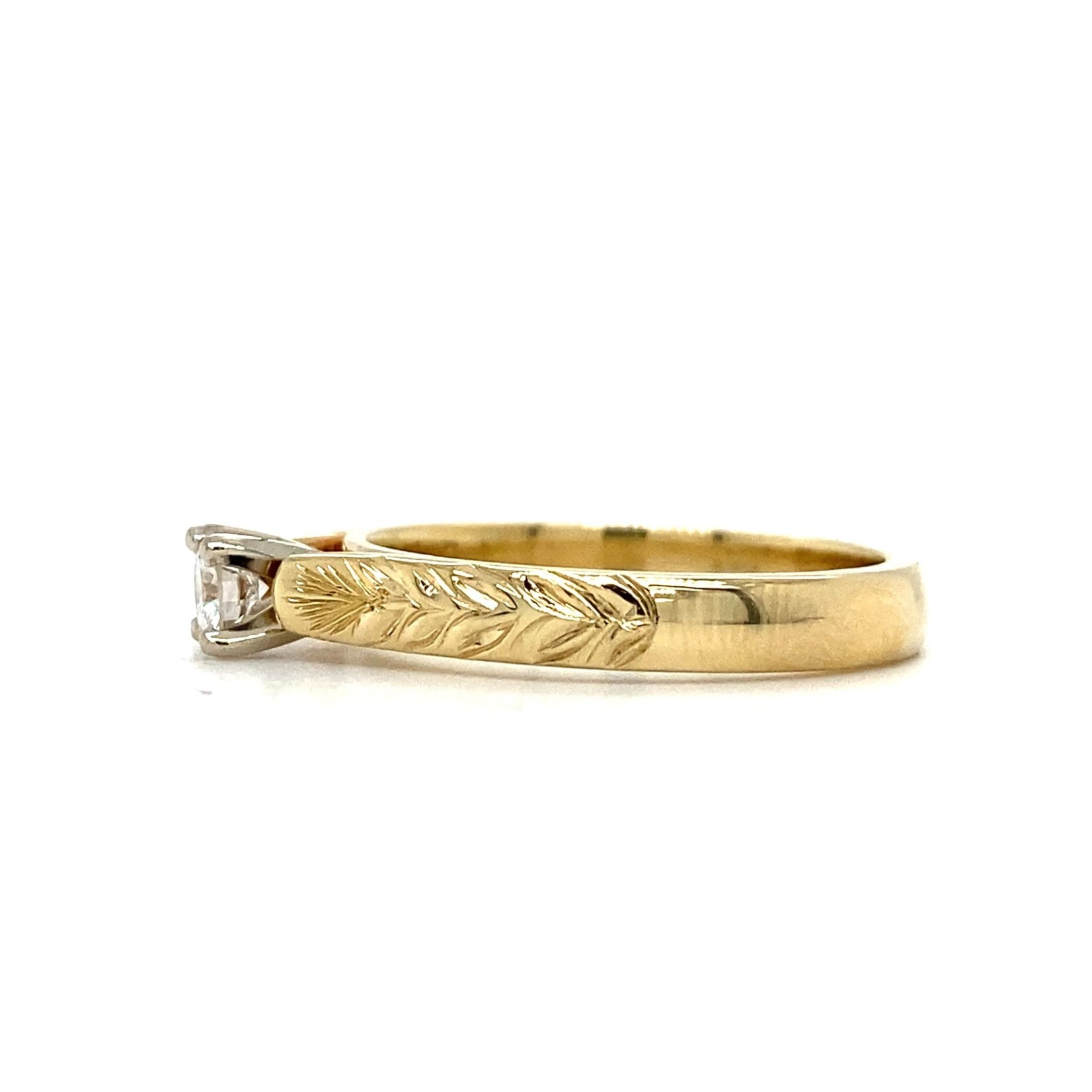 Ohia Lehua 14K Yellow Gold 4mm French Mount Solitaire Ōhi'a Lehua scroll Ring D.20ct sz 7