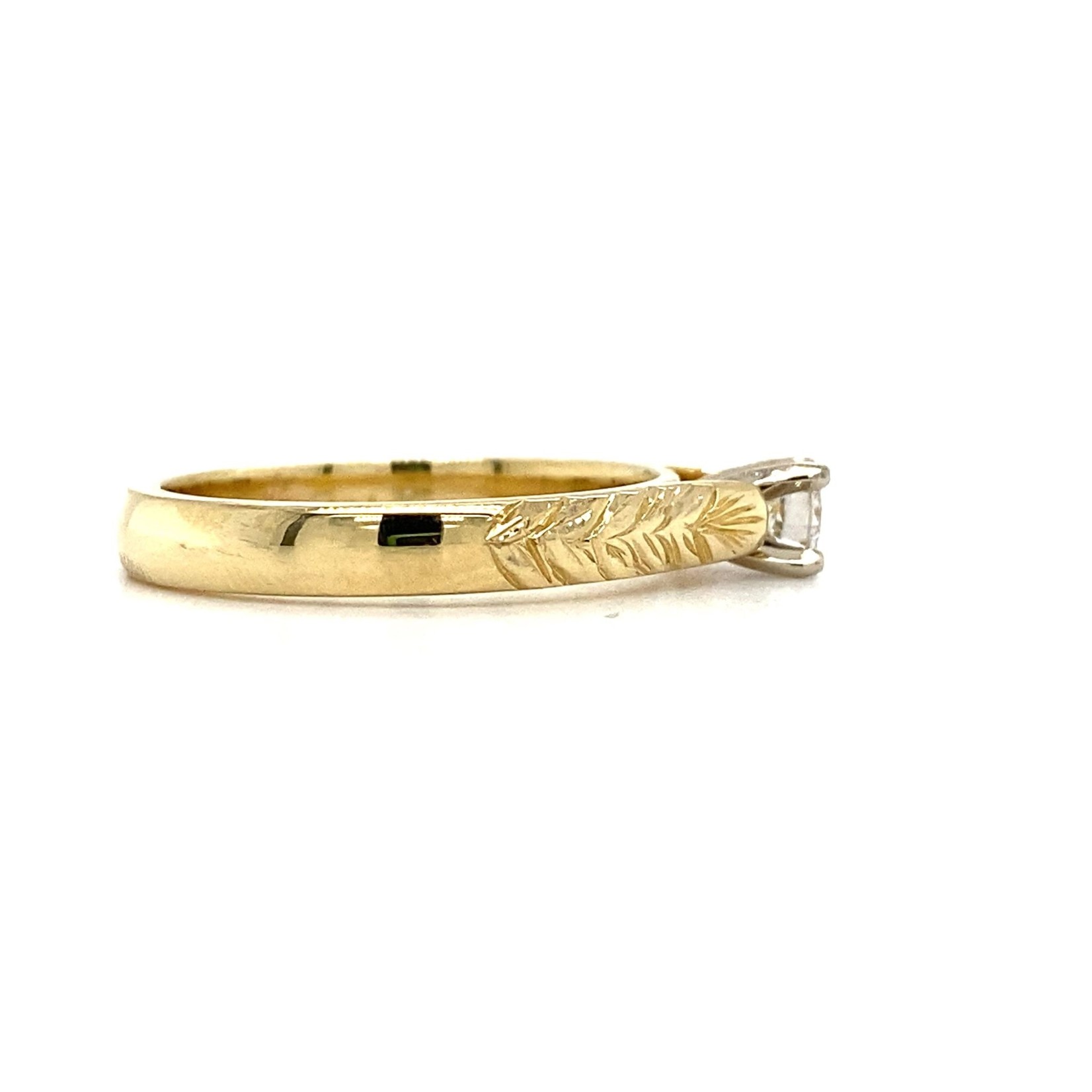 Ohia Lehua 14K Yellow Gold 4mm French Mount Solitaire Ōhi'a Lehua scroll  Ring D.20ct sz 7