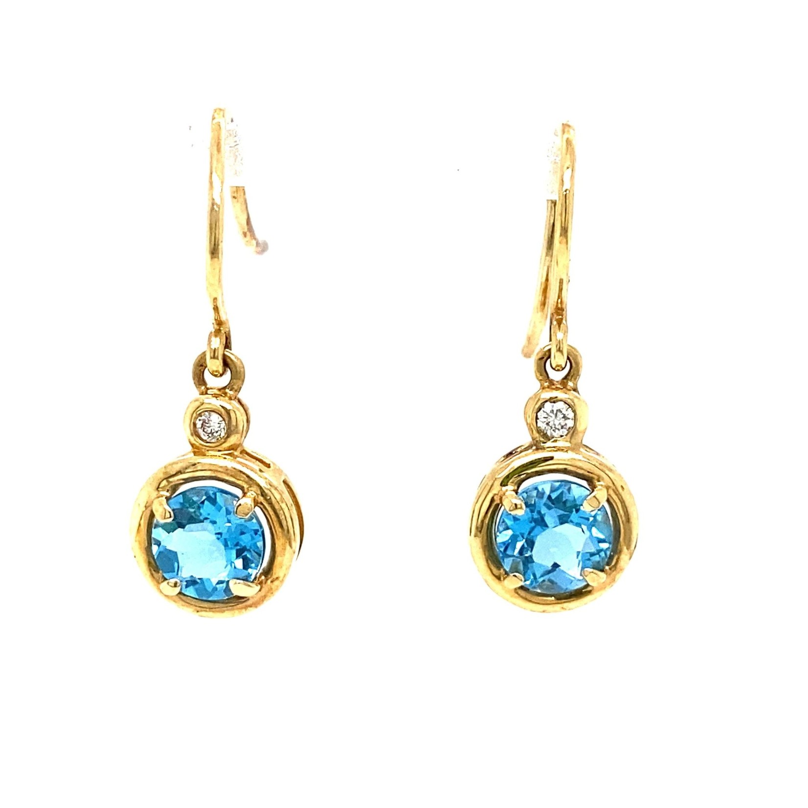 14K Yellow Gold 6mm Blue Topaz with diamond accents  D.03ct dangle earrings