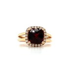 14k Rose Gold 8x8 checkerboard cushion Garnet  D.20tw halo ring