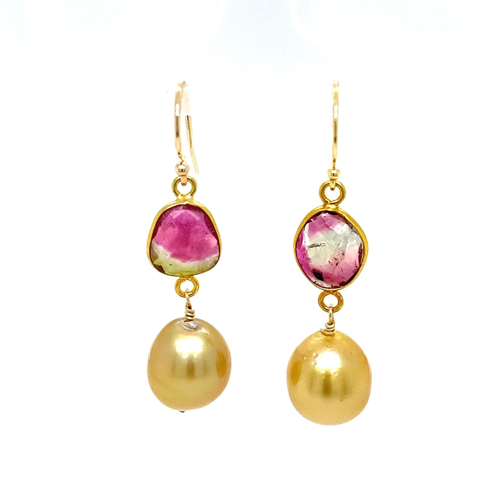 18K Yellow Gold Tourmaline with South Sea Gold Pearl on hooks