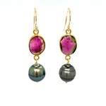 18K Yellow Gold Tourmaline with Tahitian pearls on hooks