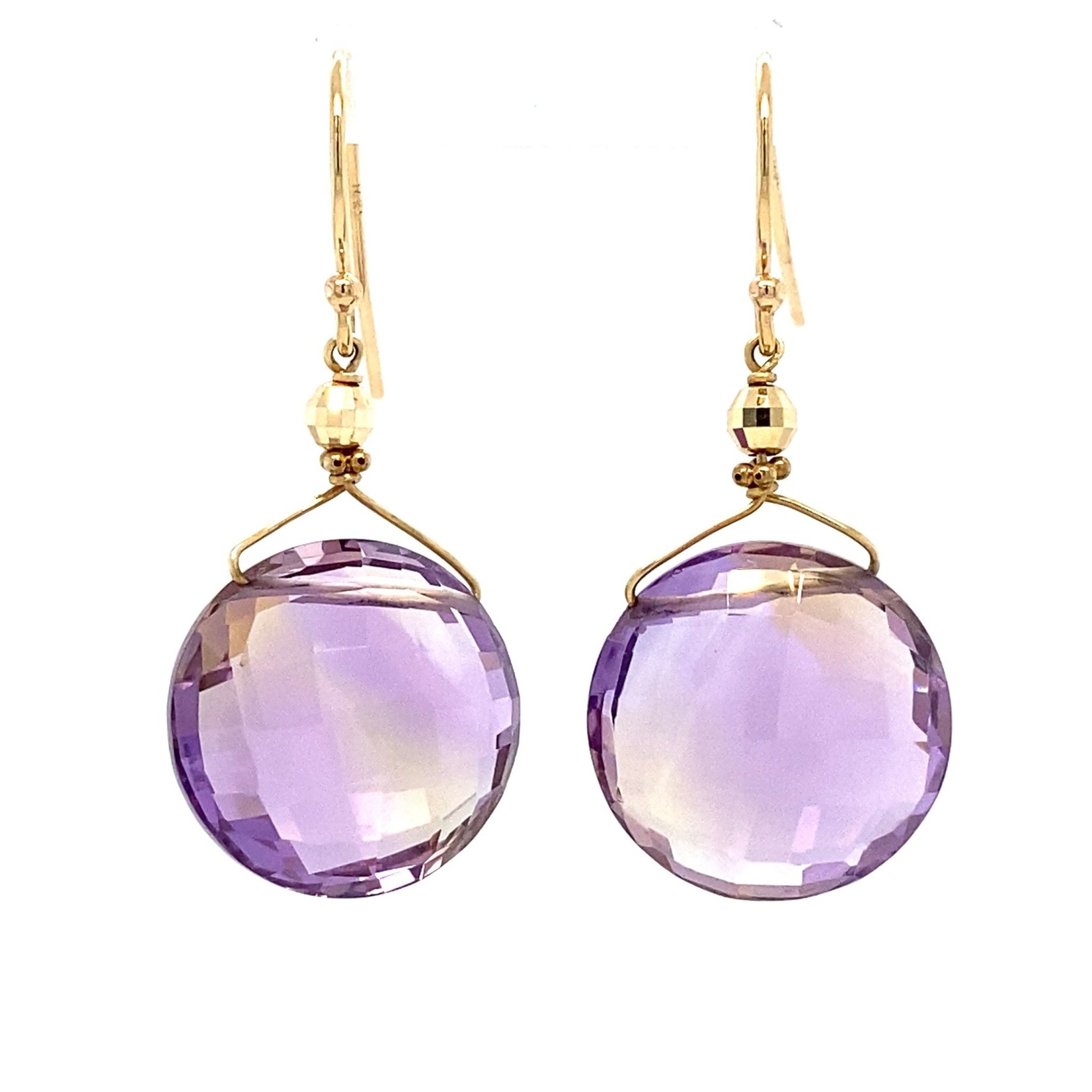 14K Yellow Gold 15mm Ametrine checkerboard cut dangle earrings