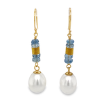 14K Yellow Gold Fresh Water Pearl with 6mm Aqua bead dangles