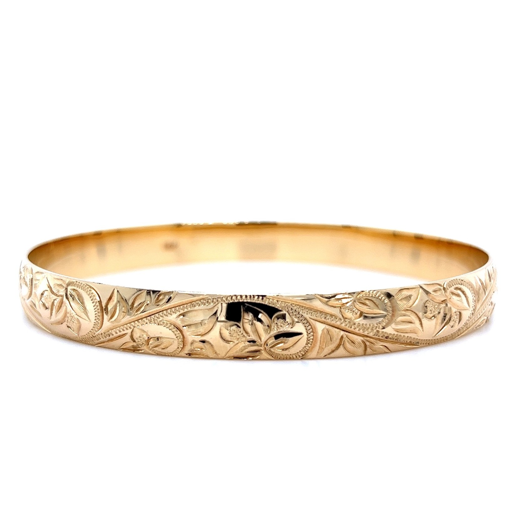 Maile Pikake 14K Yellow Gold 8mm Barrel Medium Maile Pikake Scroll