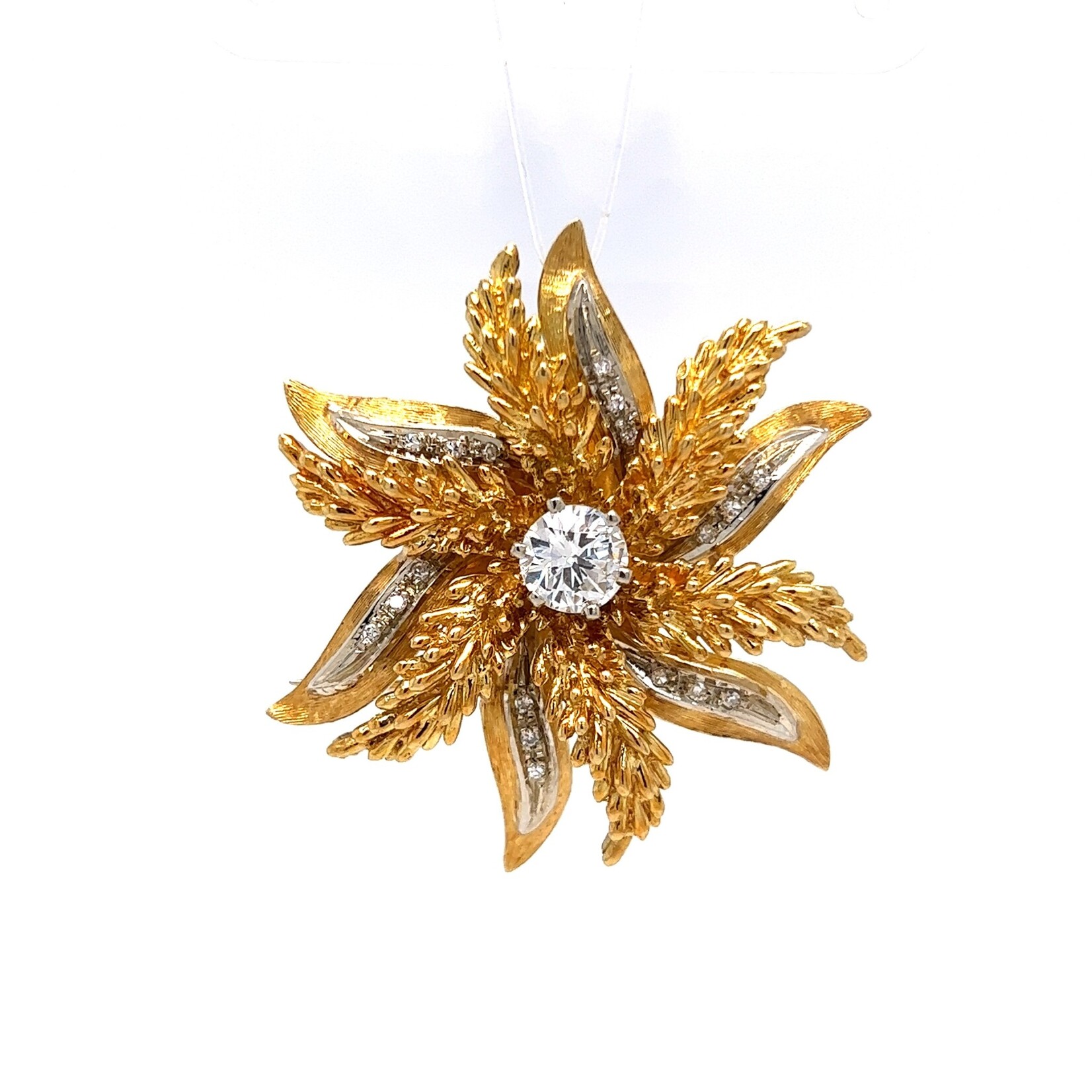 18K Yellow Gold Diamond Flower Pin Dctr .78ct D 1tw w/ appraisal