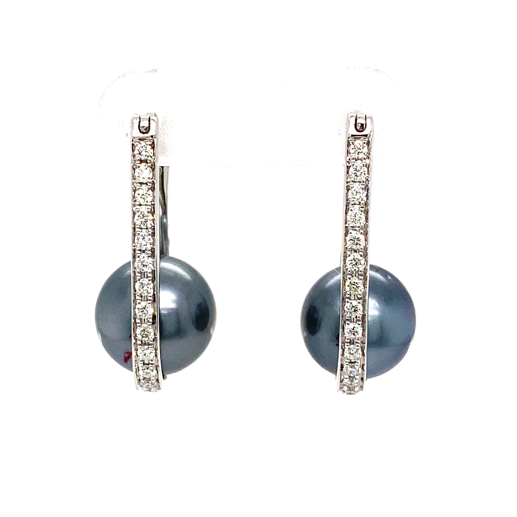 14K White Gold 9mm Tahitian Pearl Diamond Hoops D.31cttw