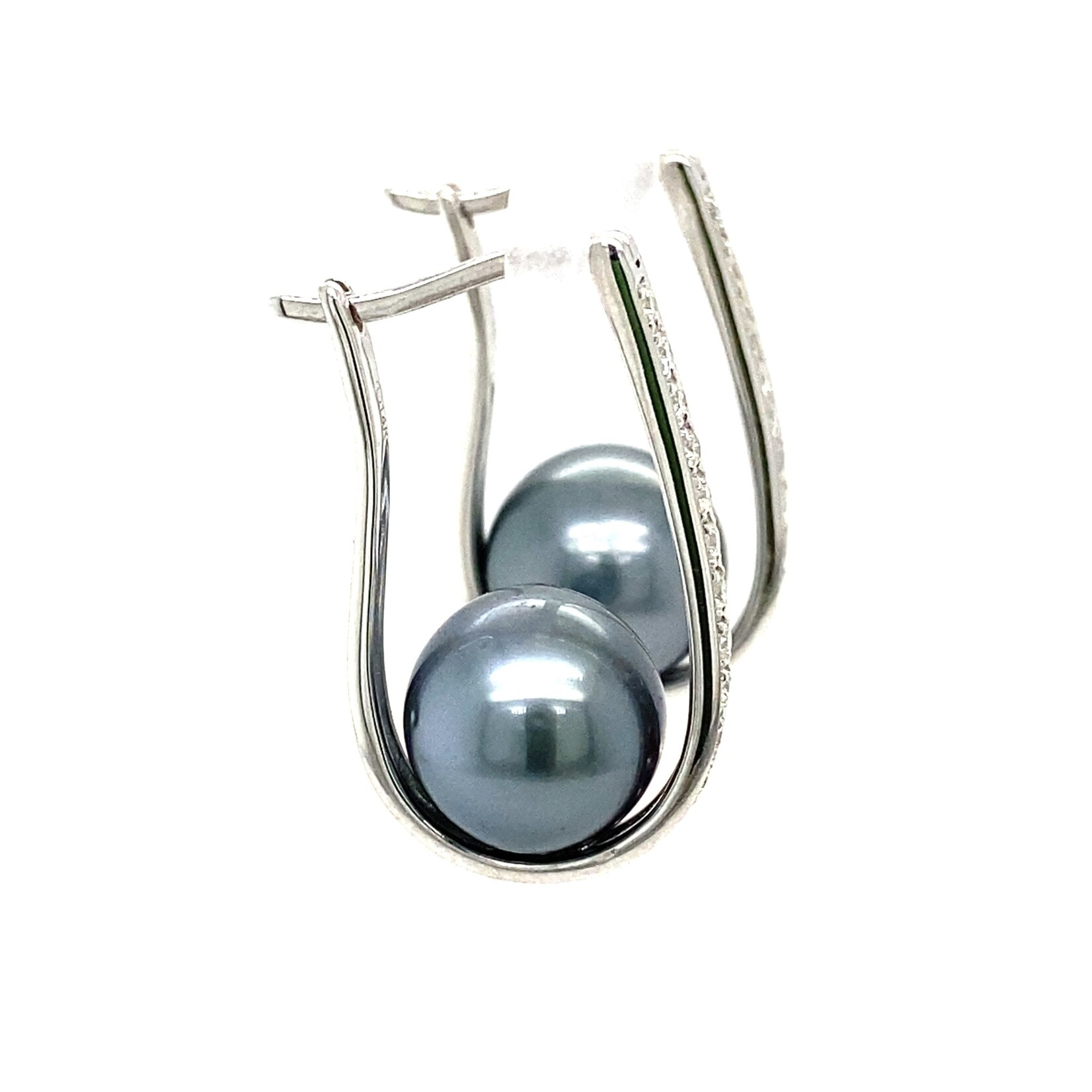 14K White Gold 9mm Tahitian Pearl Diamond Hoops D.31cttw