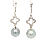 14K White Gold Tahitian Pearl dangles on diamond leaver-backs