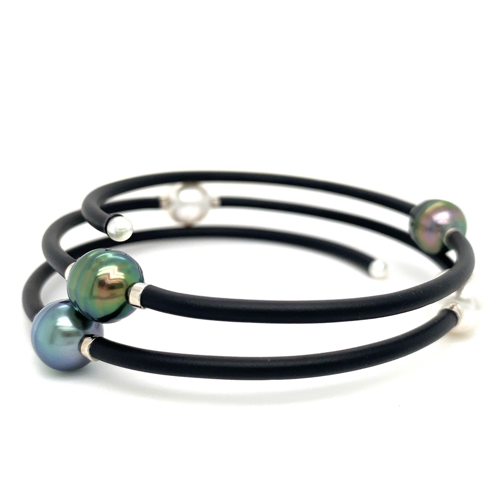 Sterling Silver Tahitian Pearl and White South Sea Pearl coil bracelet
