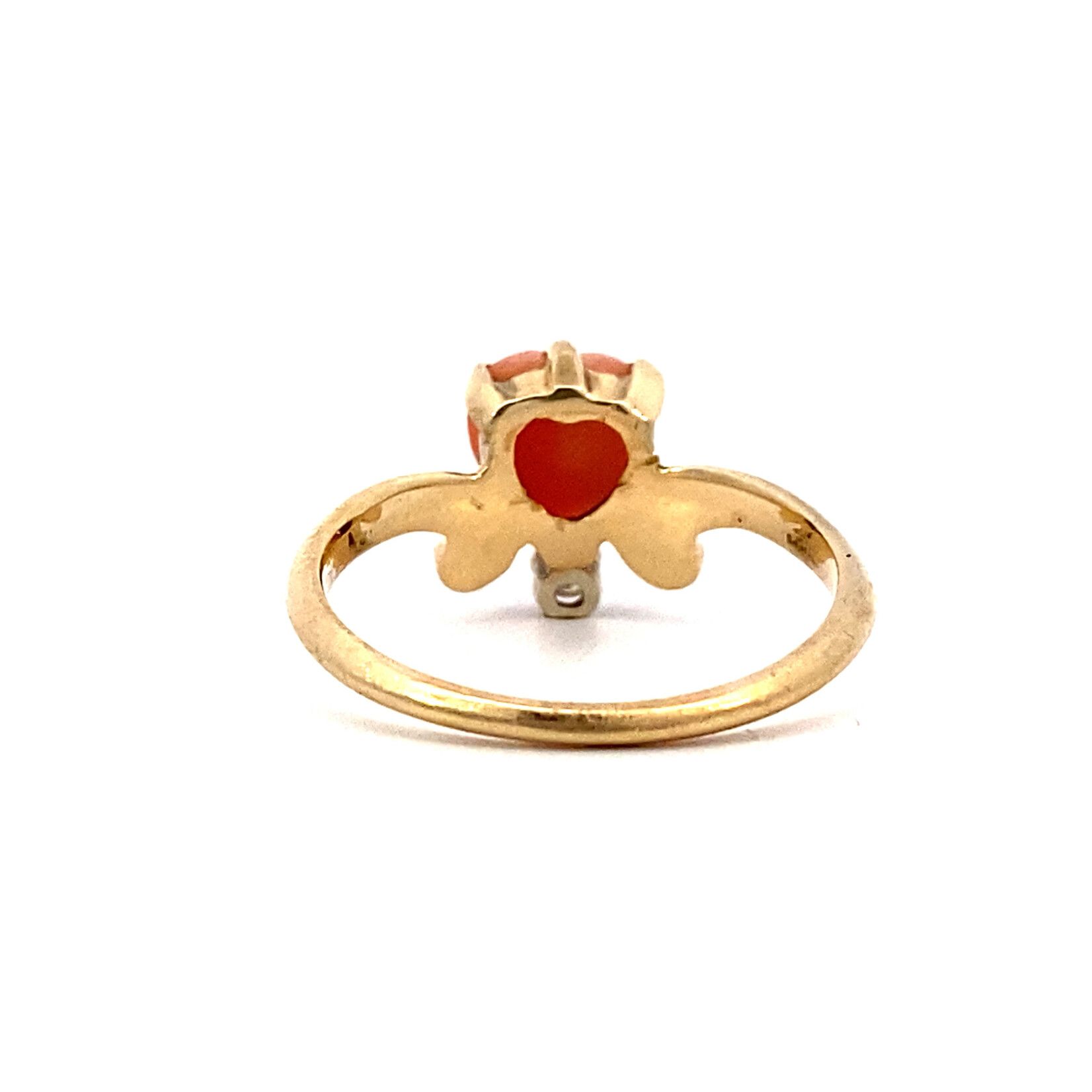 14K Yellow Gold Coral heart ring with diamond +/-.06ct sz 6.5