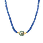 14K Yellow Gold 17" Graduated Cornflower Blue Sapphire with 14mm Tahitian Pearl Necklace