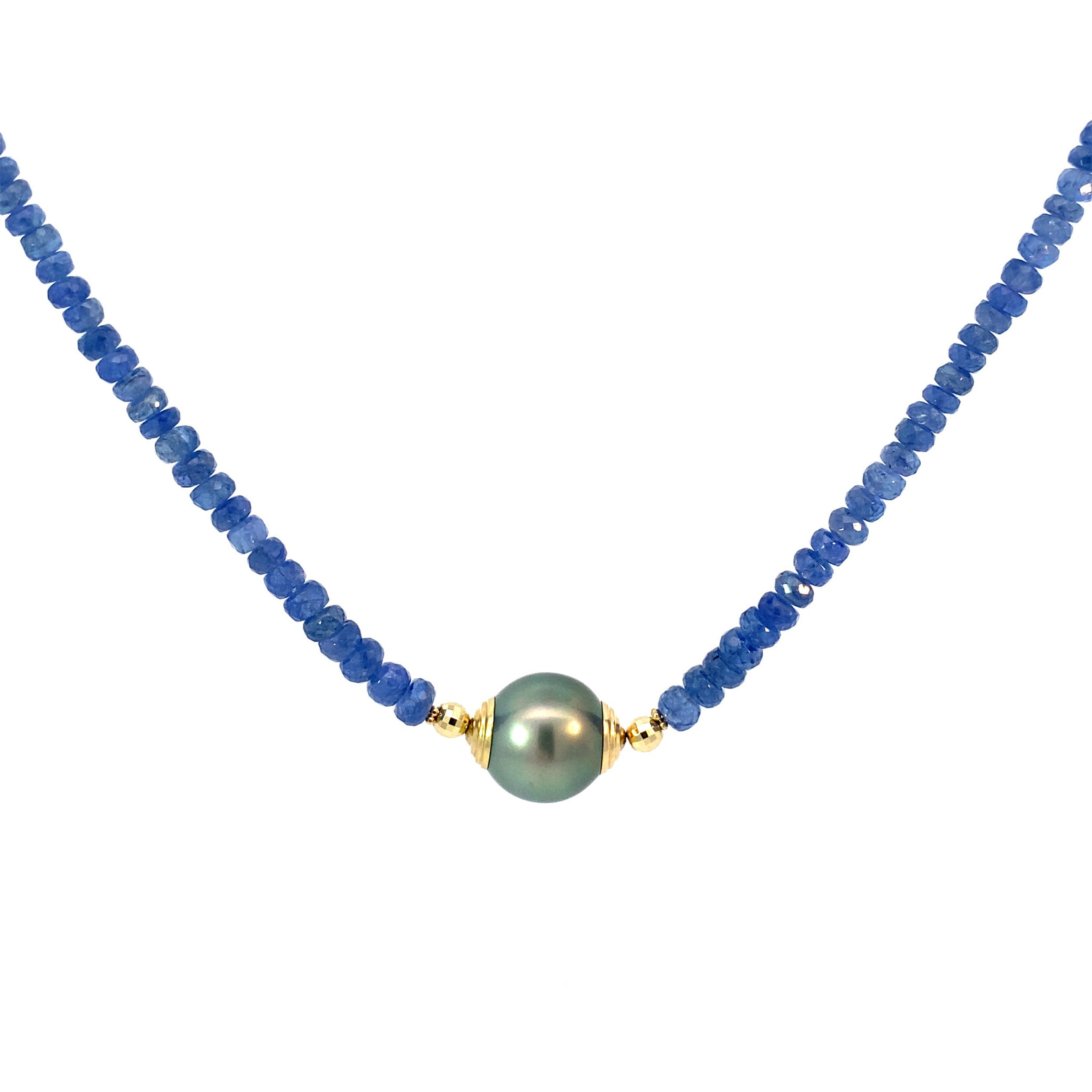 14K Yellow Gold 17" Graduated Cornflower Blue Sapphire with 14mm Tahitian Pearl  Necklace