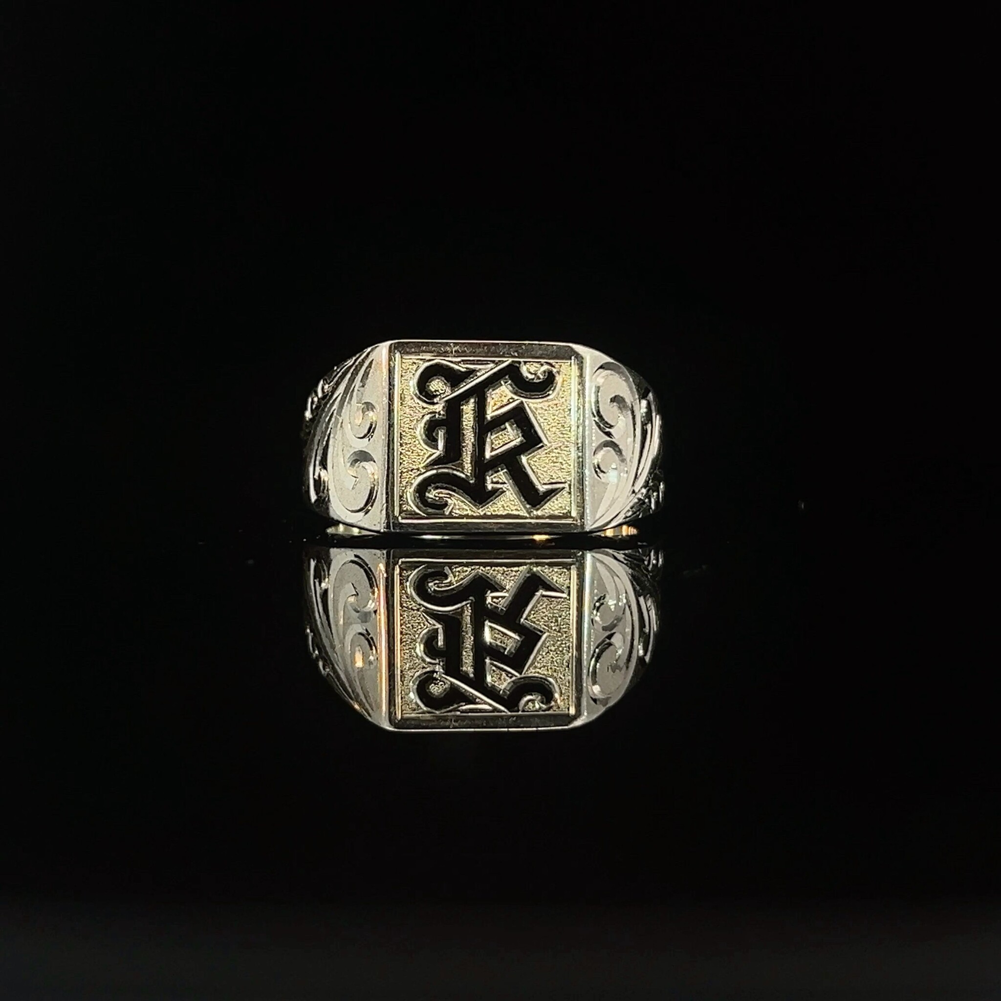 R3351 SS 12mm “K” HCGE Signet sz10.25 - Lehua Jewelers R3351 SS 12mm “K” HCGE Signet sz10.25 - Lehua Jewelers