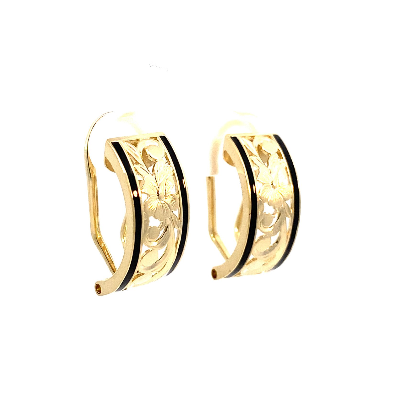 14K Yellow Gold 8mm Hibiscus with enamel borders on Omega backs